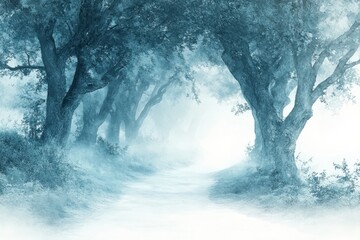 Fototapete - Path through foggy woods showcasing tall trees and a serene atmosphere in the early morning light