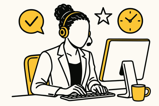 Customer service. Modern flat line art illustration. Trendy outline vector graphic elements. Creative concept. Black and yellow colors isolated on white background