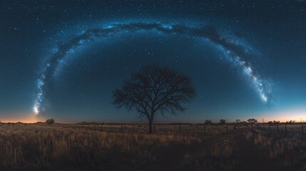 Wall Mural - Solitary tree silhouetted against a vibrant, arched Milky Way galaxy at night
