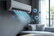© Imran  - Air flows from a mounted air conditioner, carrying with it virus symbols, highlighting the pressing issue of indoor air contamination in a modern living room
