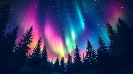 Wall Mural - Vibrant aurora borealis illuminating a dark evergreen forest at night under a starry sky