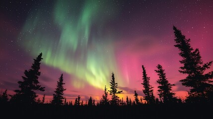 Wall Mural - Vibrant aurora borealis display in pink and green hues above a silhouetted coniferous forest under a starry night sky