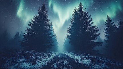 Wall Mural - Mystical winter forest path under vibrant aurora borealis