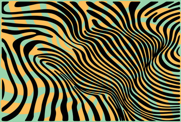 Fototapete - Vector illustration features flowing black wavy lines over an orange and teal background, forming an abstract, dynamic, and vibrant pattern with a swirling and optical illusion effect.