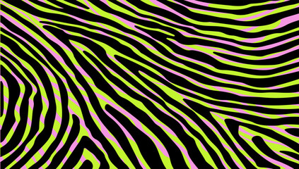 Fototapete - Vector illustration features flowing wavy lines in pink and lime green on a black background, creating an abstract, dynamic, and vibrant pattern with a swirling and optical illusion effect.