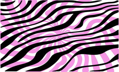 Poster - Vector illustration features black, white, and pink zebra-like stripes creating an abstract, dynamic pattern. The design is bold and vibrant, with flowing, wavy lines.