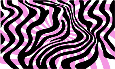 Poster - Vector illustration features black, white, and pink zebra-like stripes creating an abstract, dynamic pattern. The design is bold and vibrant, with flowing, wavy lines.