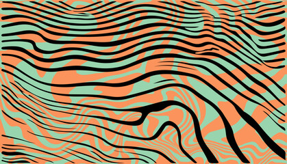 Fototapete - Vector illustration features flowing black wavy lines over an orange and teal background, forming an abstract, dynamic, and vibrant pattern with a swirling and optical illusion effect.