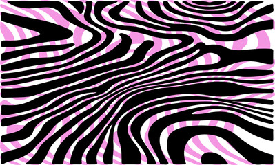 Fototapete - Vector illustration features black, white, and pink zebra-like stripes creating an abstract, dynamic pattern. The design is bold and vibrant, with flowing, wavy lines.