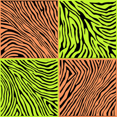 Fototapete - Vector illustration features vibrant zebra patterns in bold black, pink, and green colors, arranged in four square sections, creating a striking and modern design with a playful abstract touch.