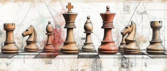 chess pieces arrayed on a weathered chessboard.