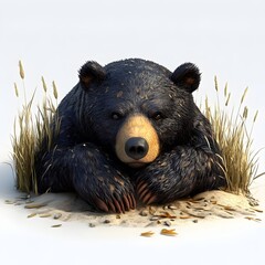a majestic black bear rests peacefully in a sandy patch surrounded by tall grass, showcasing its pow