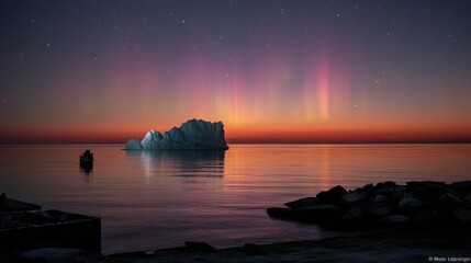 Wall Mural - Iceberg floating in the arctic ocean at sunset with aurora borealis