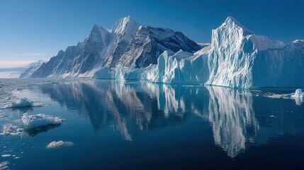 Wall Mural - Icebergs drifting in calm sea, greenland, reflecting on the water with snowy mountains
