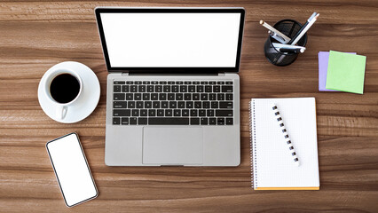 Aufkleber - Office Workplace. Flat lay of laptop and cell phone with white monitors for mock up, notebook and coffee on the table