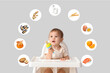 © Pixel-Shot - Cute baby and different drawn products on grey background. Food allergy