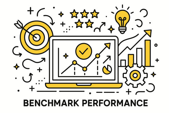 Benchmark performance. Modern flat line art illustration. Trendy outline vector graphic elements. Creative concept. Black and yellow colors isolated on white background