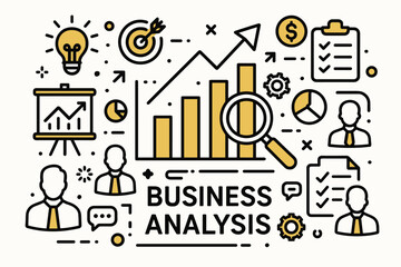 Poster - Business analysis. Modern flat line art illustration. Trendy outline vector graphic elements. Creative concept. Black and yellow colors isolated on white background