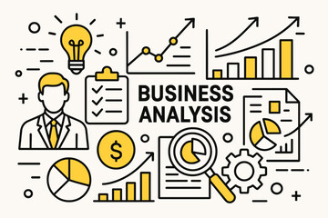 Poster - Business analysis. Modern flat line art illustration. Trendy outline vector graphic elements. Creative concept. Black and yellow colors isolated on white background