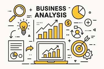 Poster - Business analysis. Modern flat line art illustration. Trendy outline vector graphic elements. Creative concept. Black and yellow colors isolated on white background