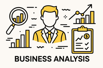 Poster - Business analysis. Modern flat line art illustration. Trendy outline vector graphic elements. Creative concept. Black and yellow colors isolated on white background