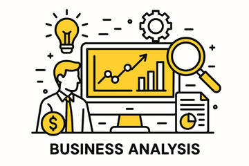 Poster - Business analysis. Modern flat line art illustration. Trendy outline vector graphic elements. Creative concept. Black and yellow colors isolated on white background