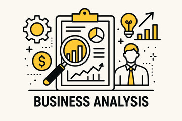 Poster - Business analysis. Modern flat line art illustration. Trendy outline vector graphic elements. Creative concept. Black and yellow colors isolated on white background