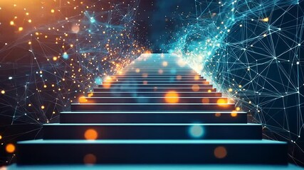 Wall Mural - Futuristic Ascending Steps with Digital Network and Light Particles