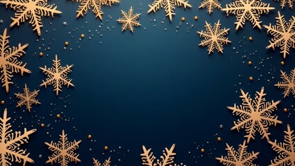 Poster - Elegant golden snowflakes create a festive border against a deep blue backdrop, perfect for seasonal designs