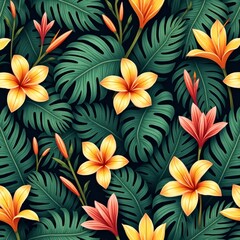 Poster - vibrant tropical flowers bloom amidst lush green leaves, creating a visually stunning floral pattern 