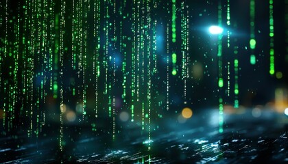 Fototapete - A mesmerizing cascade of green binary code rain illuminated in a dark, cyberpunk-style background.