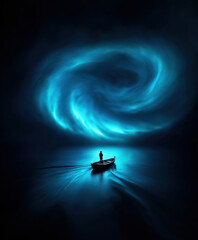 Wall Mural - Boat above Northern Lights Space Like created with Generative AI Technology, ai, generative