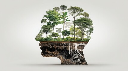 Poster - Tree growing out of a human head symbolizing creativity and growth in a 3d holographic projection of an ai brain