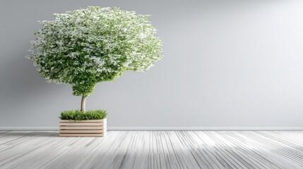 Poster - Potted tree in a modern design container representing growth and sustainability in a 3d holographic ai brain projection
