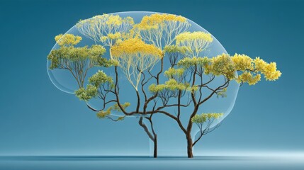 Poster - Beautiful tree with yellow flowers in full bloom highlighting nature's vibrancy in a 3d holographic ai brain projection