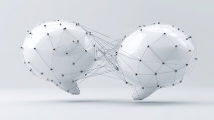 Poster - Two white balloons connected by lines forming a chat bubble to represent ai data streams and communication innovations