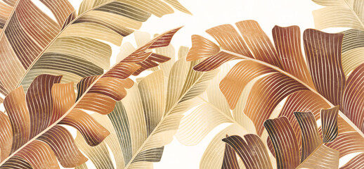 Wall Mural - botanical art background with green and brown tropical palm leaves with line elements. vector banner