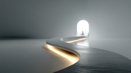Poster - A person standing in a room with a glowing coin path forming a bridge across a white void in a dreamlike scene