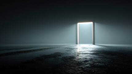 Poster - Mysterious door standing alone in a dark room symbolizing opportunity and intrigue in a shadowy environment