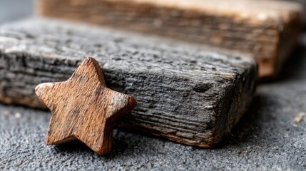 Poster - Wooden star sculpture positioned elegantly on a gray surface symbolizing goals and aspirations in strategy planning
