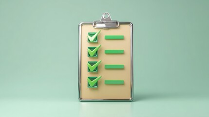 Poster - Holographic clipboard featuring green check marks on a pastel background representing task completion and organization
