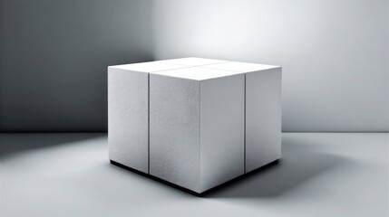 Poster - White cube on a table with soft burst of light symbolizing expansion of ideas and creativity in a minimalistic design