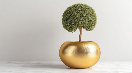 Poster - Elegant gold vase with lush green tree symbolizing wealth and prosperity illuminated by a warm golden glow