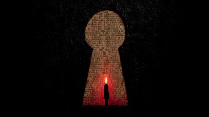 Poster - Individual standing before a glowing keyhole surrounded by a data stream representing access and discovery