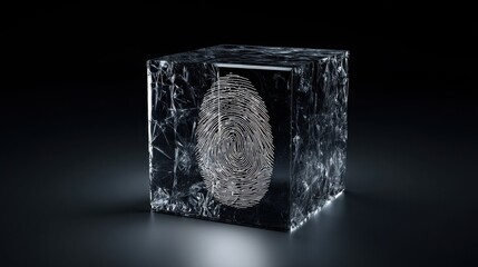 Poster - Fingerprint imprinted on a glass block representing personal identity in a contemporary artistic and abstract design