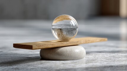 Poster - Clear glass ball resting on a wooden block surrounded by natural textures and organic elements for a rustic feel