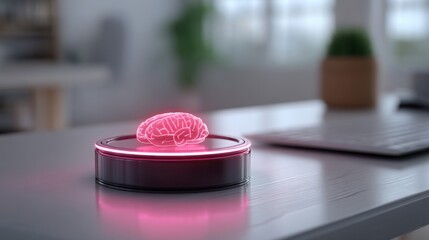 Poster - Vibrant pink brain on a desk surrounded by creative elements and unlocking streams of coins in a neon atmosphere