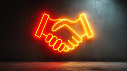 Poster - Neon sign depicting a handshake illuminated in digital fog symbolizing connection and collaboration in modern times