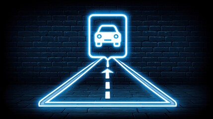 Poster - Car on a road with a blue neon sign symbolizing progress and direction with a bright digital path forward in modern design