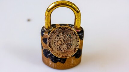 Poster - A shiny padlock with a digital coin nestled inside its open mechanism representing security and cryptocurrency value